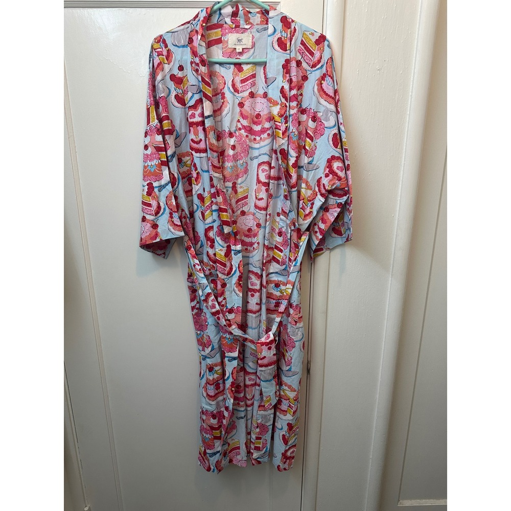 Printfresh Let Them Eat Cake Organic Cotton Robe Blue Pink L/XL Long Sleeve
